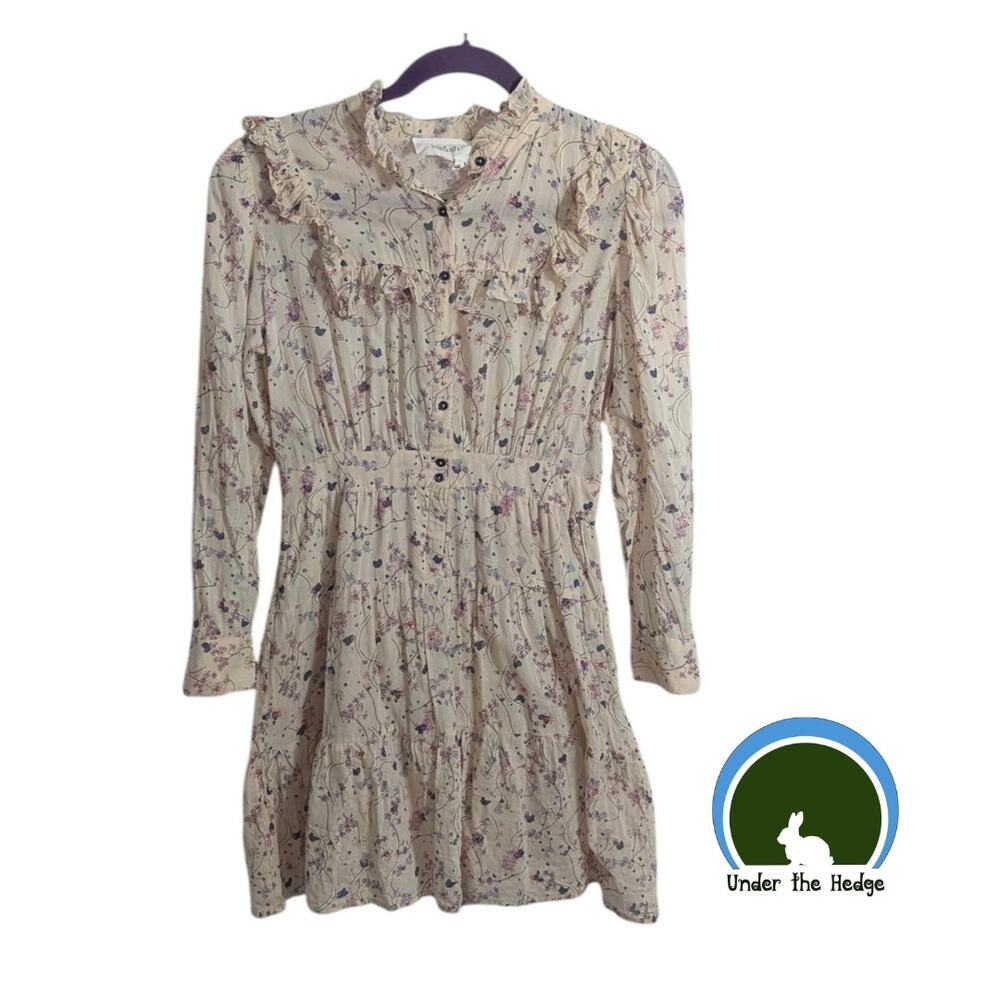 BA&SH Beige Floral Ruffle Cotton Belle Dress Sz XS Cottage Feminine Soft Girl C2